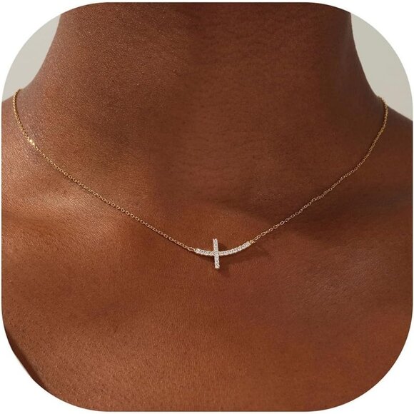 MONOZO Gold-Sideway Diamond Cross Necklace for Women，14K Gold Plated - Picture 1 of 7